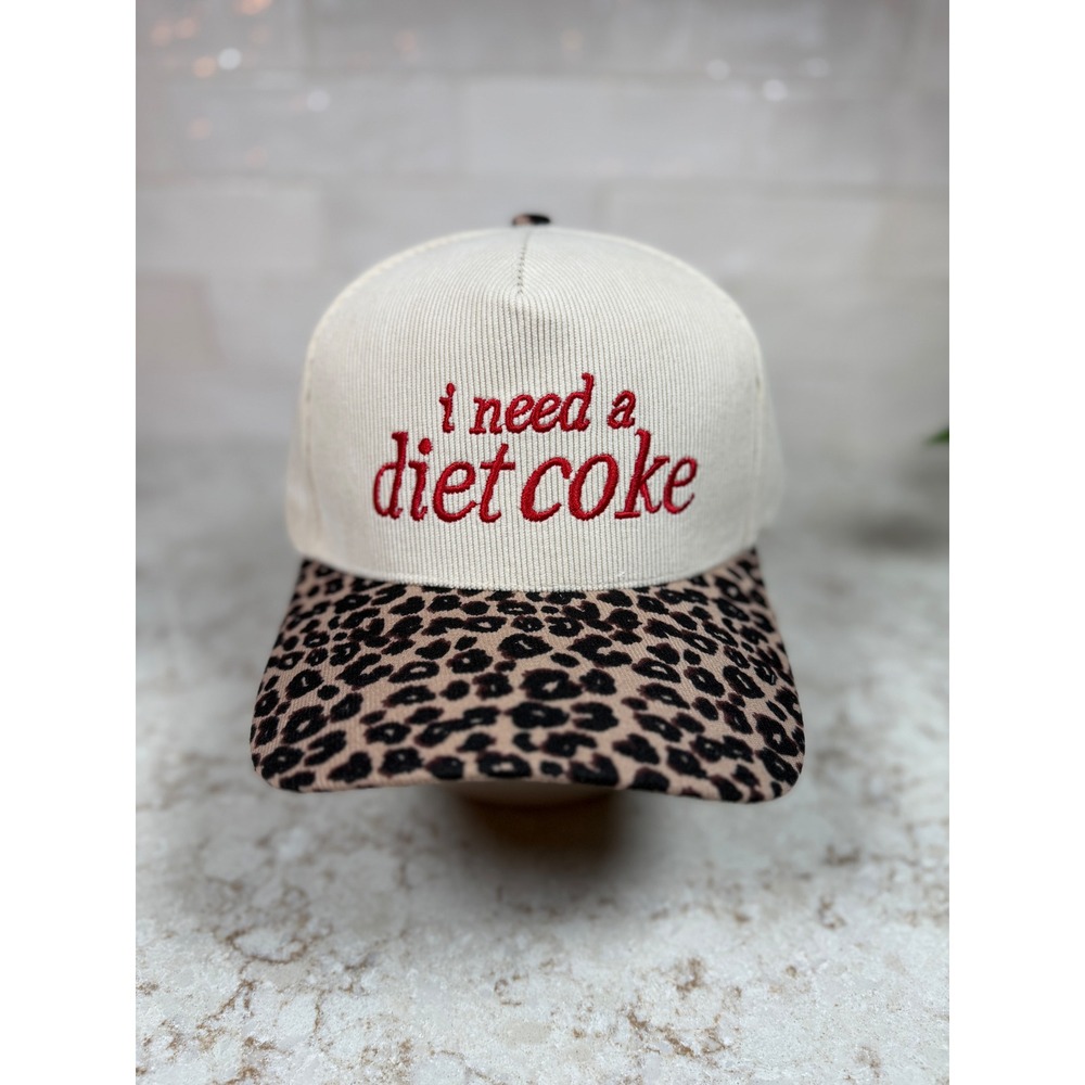 I Need a Diet Coke Corduroy Trucker Hat Leopard Print Brim Snapback Cap Cream